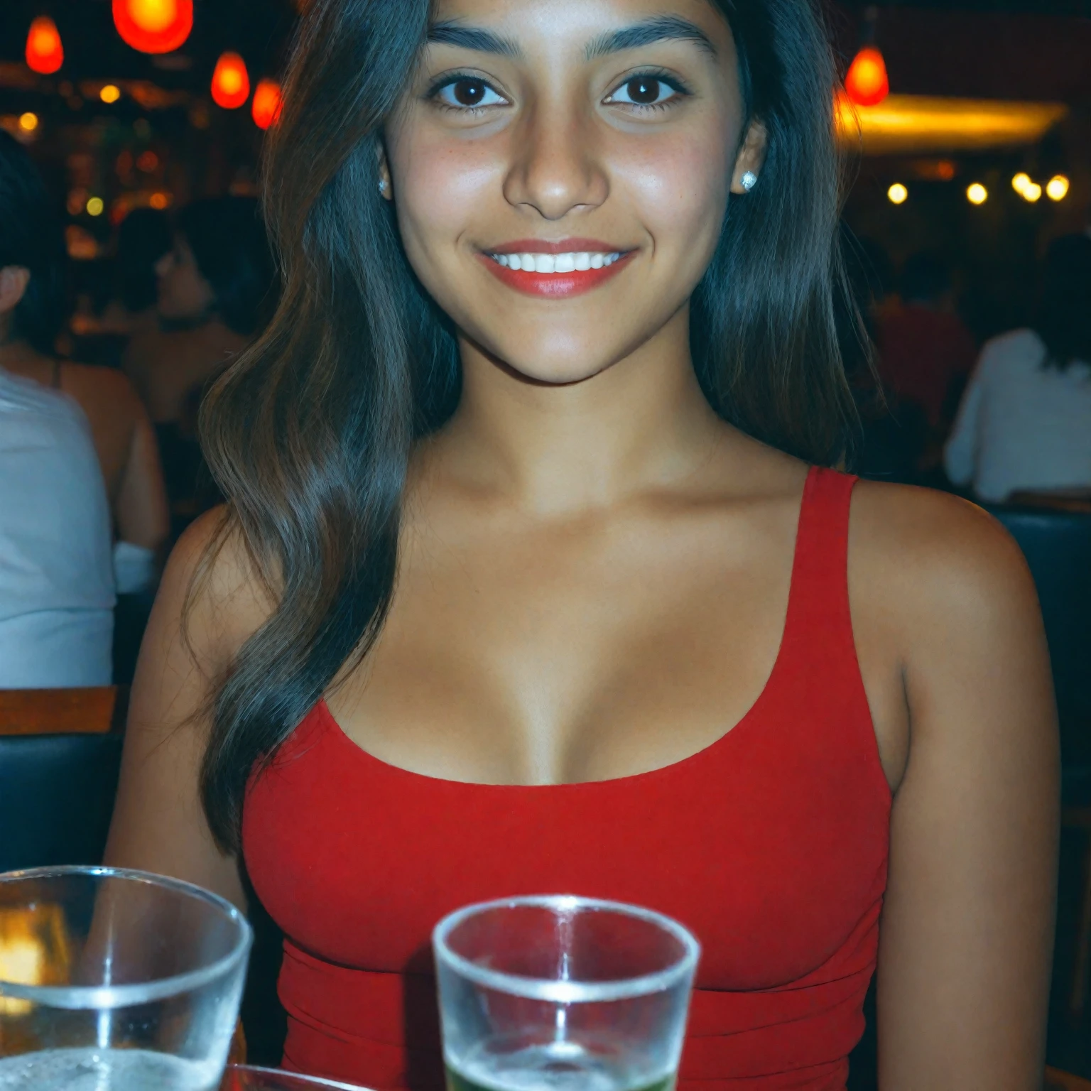 beautiful hispanic woman with no makeup, smiling, at the nightclub, night time, hanging out with her friends near her, wearing a black dress, shallow-focus, 35mm, photorealistic, Canon EOS 5D Mark IV DSLR, f/5.6 aperture, 1/125 second shutter speed, ISO 100 --ar 2:3 --q 2 --v 4
