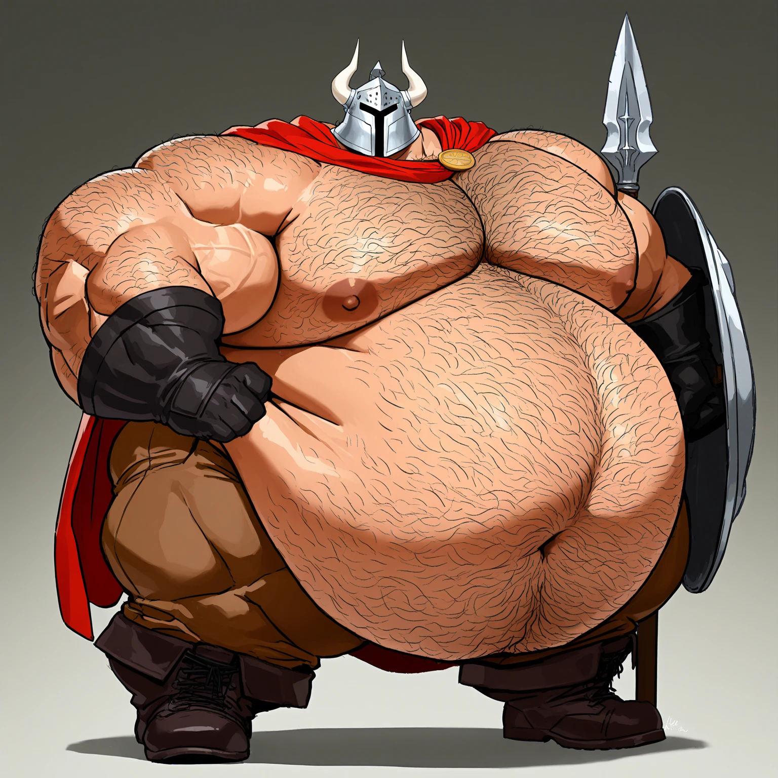 Body type: Very large and robust, with significant amounts of body fat. Shape: The body has a rounded and full shape, with pronounced curves and a prominent belly. The chest is large and slightly saggy, consistent with the overall body size. Skin tone: Warm, medium olive complexion. Face: Shape: Round and full with soft lines. Eyebrows: Thick, dark eyebrows that contrast with the skin tone. Mustache: Prominent, well-groomed Mexican-style mustache that adds personality to your face. Expression: Cheerful and approachable, with a wide smile that conveys warmth and friendliness. Hair: Style: Short, black hair with a noticeable fringe that falls over the forehead. Texture: Thick and slightly wavy, contributing to the overall robust appearance. Body Hair: Visible body hair, particularly on the chest and possibly the abdomen and arms, contributing to a more natural, unrefined appearance. Clothing and accessories: Main: Shirtless: Highlighting his big, full chest. Shoulder Armor: One shoulder is covered in animal fur, reminiscent of styles seen in Game of Thrones. The fur is thick, coarse, and slightly matted, with visible leather straps holding it in place. Bottom: Gladiator Skirt: High waist, made of thick, dark leather. Design: The skirt has a sturdy and practical look, with straps and buckles, perfectly fitting the wide waist and muscular legs. Accents: Possibly adorned with small details or metal studs, adding to the warrior aesthetic. Bottom: Context: Environment: A dark, medieval-inspired environment with elements like stone walls, dim torches, or a misty forest setting. Atmosphere: Gritty and intense, with a sense of mysticism and ancient warfare...harsh man in a leather outfit holding a knife and knife, wearing loincloth, loincloth, Peter Griffin body type, an OBESE, Strong and fat body bacchanalia, shirtless male technoviking, photo of an adult male warrior, loincloth, OBESE, Fat belly, male barbarian, skimpy leather armor, OBESE )