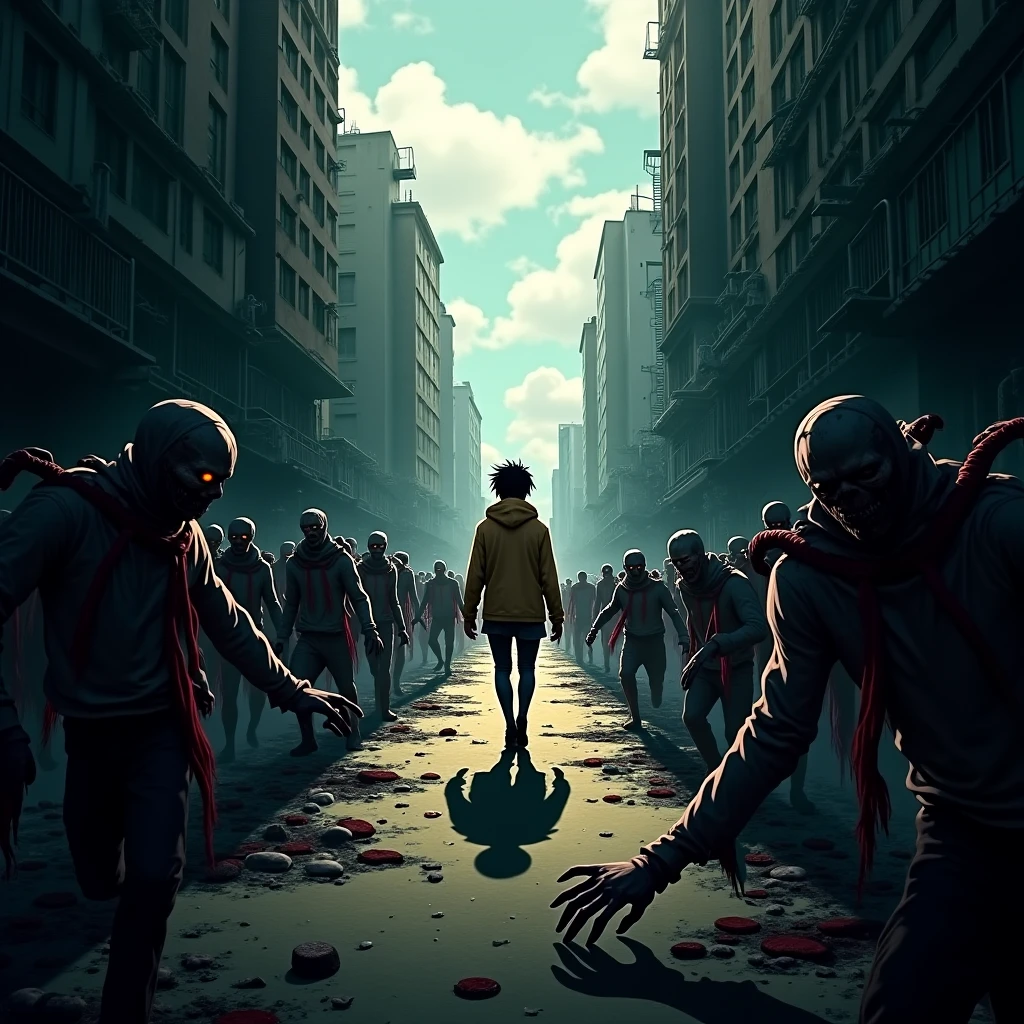 ( Horizontal paintings are drawn in manga style ) , The scene of a fight between humans and zombies , On the left are humans, on the right are zombies rushing to kill each other 