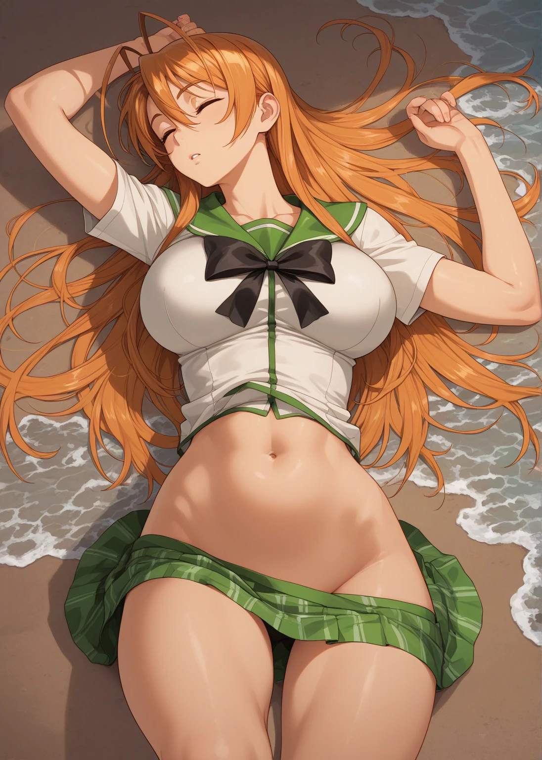 masterpiece, best quality, beautiful art, high resolution, well formed hands, body and fingers, 1 woman, solo, Yotsuba Nakano, green hair ribbon, adult, grown up,  cosplaying as Mai Shiranui , mai_shiranui_cosplay, adult, large and round breasted, cleavage, full body , hair ribbon, gorgeous legs and, thighs, sexy Japanese clothes, hair ornament , sexy legs , hips and thighs, ,ryona,in peril, she is  defeated, knocked out, passed out, closed eyes, exhausted, unconscious, laying down on the sand, extended exposed body, full body on the sand, breathing heavily, sexy smirk on her face, bouncing breasts, sexy defeated pose, defeat and  KO scene, fallen beauty, martial arts tournament with beach environment      