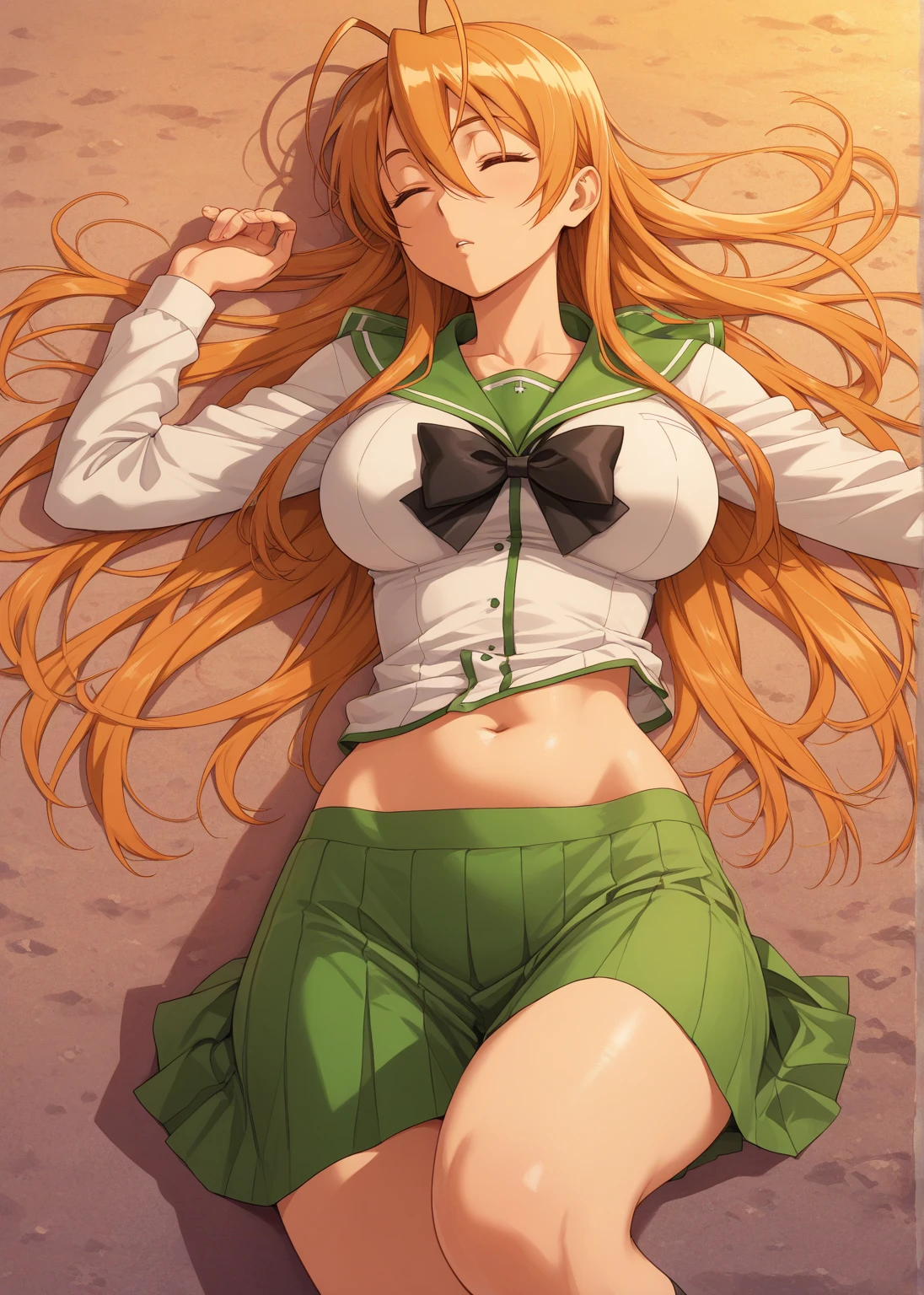 Rei Miyamoto, hotd, short green pleated skirt, A white blouse, white mid thigh stockings, Thighs, big breasts, spreadlegs, showing pussy 