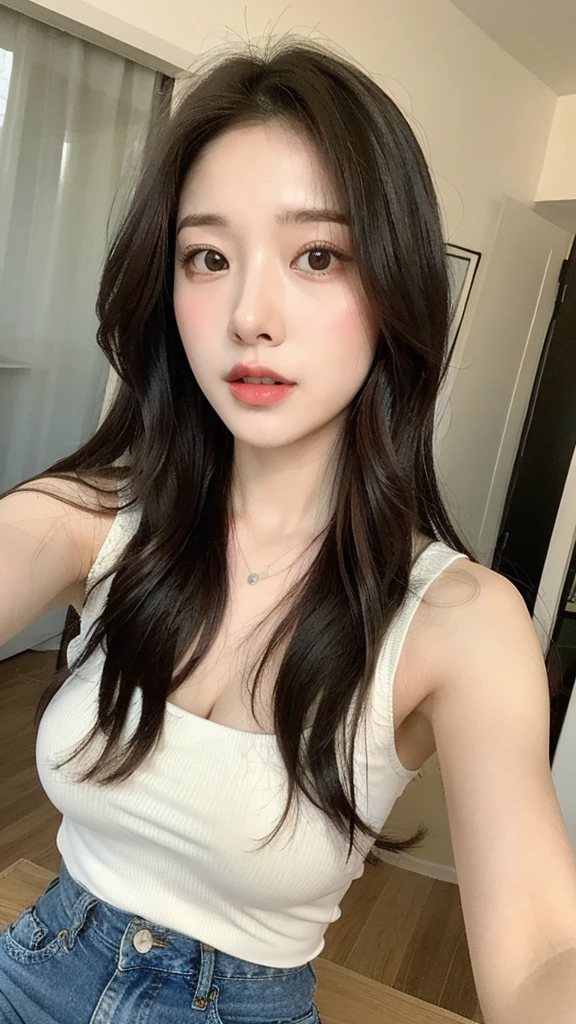 ((Best picture quality, 8K, tmasterpiece: 1.3)), self-shot, Sharp focus: 1.2, A cute beauty with a perfect figure: 1.4, Slim, ((Brown hair black)) , (Small flesh-colored dress，Highly detailed face，Happy expression，standing on your feet：1.2），（（The city of blue skies，simple bedrooms：1.3. Produced with a major focus on women）），Highly detailed facial and skin texture，Detailed eyes，二重まぶた