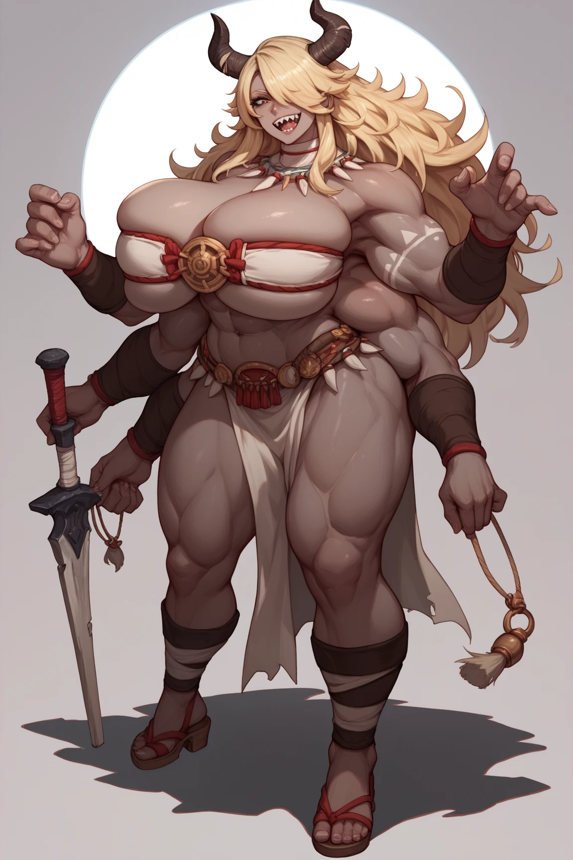Poppy the keeper blue pale skin full body whole body 1sologirl loincloth standing warrior proud expression, hands on hips, loincloth standing, hands on hips, metal sandals, leather choker with golden bell bellybutton navel, leather corset, big belt, view from below, feet together, bracers, tiara