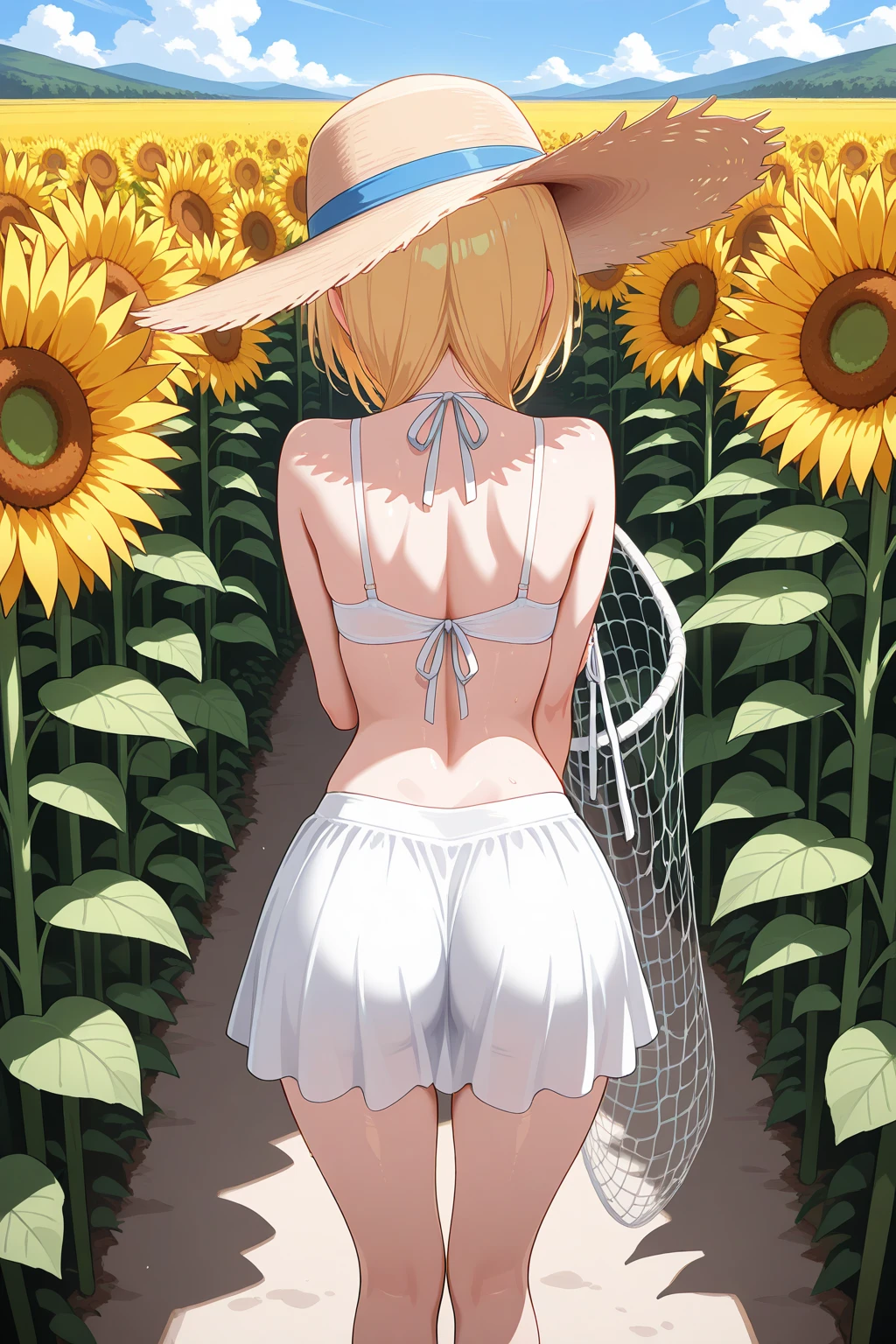 1 girl， (((raised high huge round buttocks))), Wide  A sunflower field in full bloom，Back view of a woman in Translucent white thong (underwear),long shot,wide view, commercial photography，award-winning photograph，(photorealistic),unity 8k wallpaper,(ultra detailed:1.3),(light_on_face:1.4)，CanonEOS 5D MarkIV DSLR