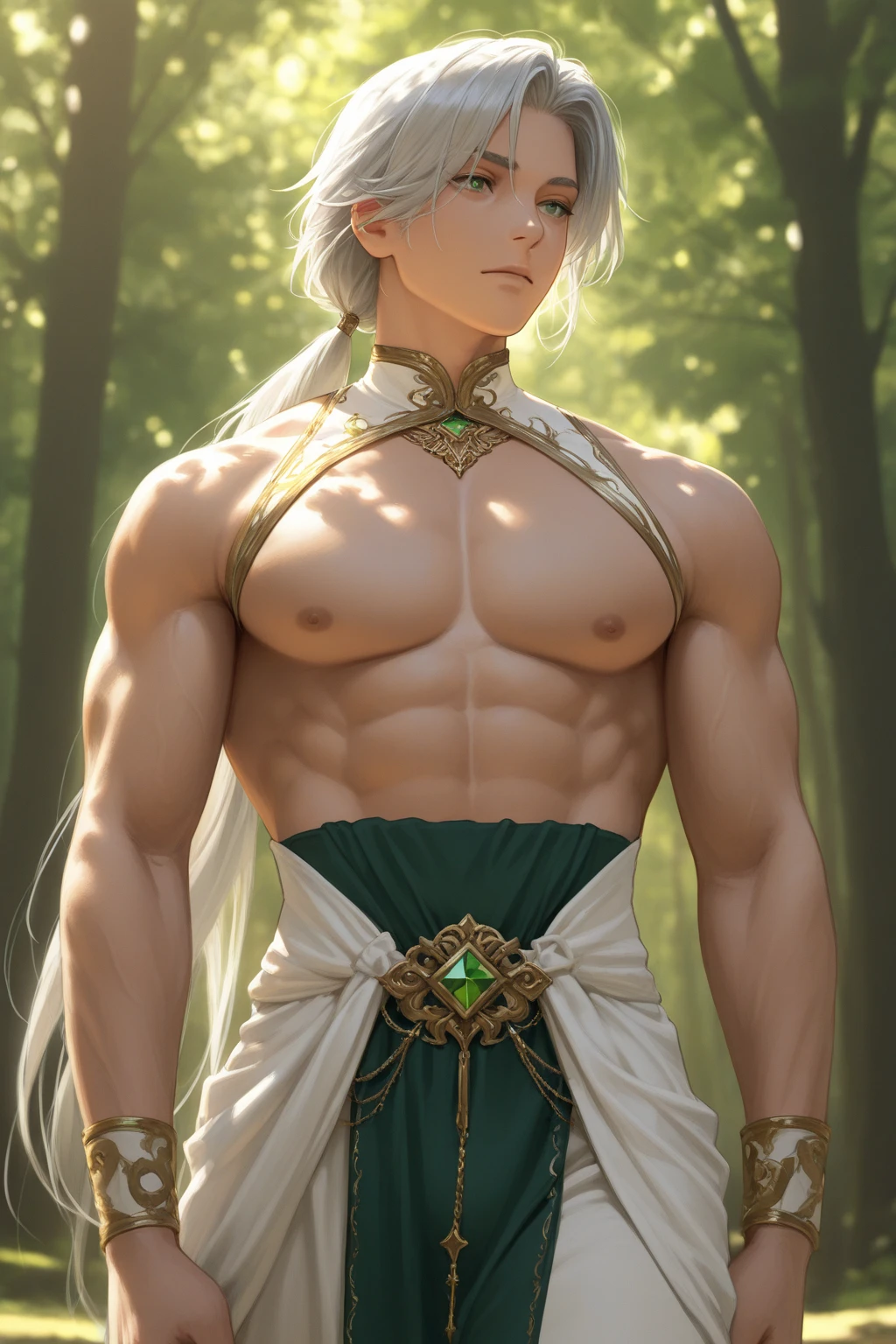 Poseidon Knife,a Greek god with hair and a long brown beard with some white strands,He has a tridnet in his hands,high evening,stark,full of thick and huge muscles,male from male,wearing ancient Greco-Roman vestments, he will be hugging the goddess Demeter,A GREEK GODDESS, with blond hair,beautiful face and body and green Greco Roman costumes that leave her body semi ?????,Posseidon would be trying to grab Denter and she would be trying to escape from Posseidon, the two of them are in a forest with Greco Roman architecture
