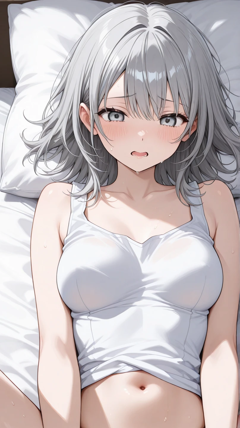 short hair Grey Hair Slanted Eyes Thighs Open your mouth naked Sex Creampie please tits Smaller breasts Sweaty bed Lying down shirt