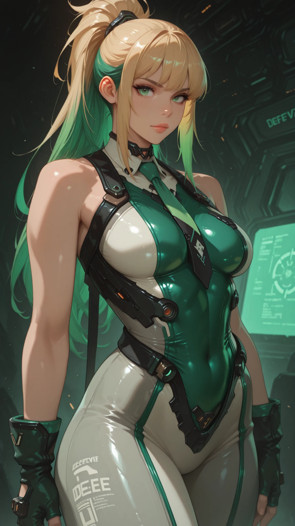 optical reality，hips up,Young woman in a futuristic cybernetic bikini，greenrobot cyberMachinery,Battlefield backdrop