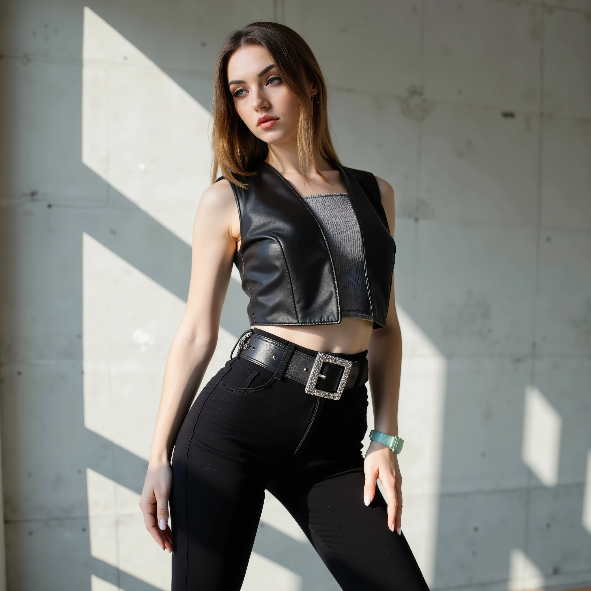 photoreal full-body shot of a pale-skinned white European Caucasian woman with piercing ice-blue eyes, heavy black eyeliner, and sleek shoulder-length brunette hair with a smooth side part; she wears a tight cropped black leather bolero vest with sharply tailored shoulders that hug her upper body like armor, layered over a coarse, rough-textured grey sleeveless top with a raw hem

on her lower half, she wears tight black high-rise jeans stretched taut across her legs, paired with a wide, aggressive black belt—heavily studded, with an oversized square silver buckle and layered metalwork that juts out from her waist like tactical gear; black high heel booties with zipper accents complete the look, along with a bratty light green plastic watch on one wrist—her only concession to irony

she is standing in a raw concrete photo studio with industrial textures and harsh daylight casting angled shadows behind her; the camera angle is low and confrontational, as if the viewer is seated or kneeling in front of her; she leans in with deliberate weight, one foot planted in front of the other, shoulder slightly rolled forward, chest low — invading the viewer’s space

her face is inches from the lens, eyes locked directly onto the viewer’s with brutal intensity; her smirk is gone — replaced with a cruel, flat expression full of sadistic curiosity; she studies the viewer without blinking, as if daring any reaction; one hand rests on her thigh or hip, while the other gestures vaguely forward — palm half open, fingers slightly curled, suggesting she might grab, strike, or push the viewer without warning

she radiates dominance not through noise but proximity: her control is physical, personal, and inescapable; her stillness is threatening, her gaze oppressive; she doesn’t need to speak — her body tells you who’s in charge
