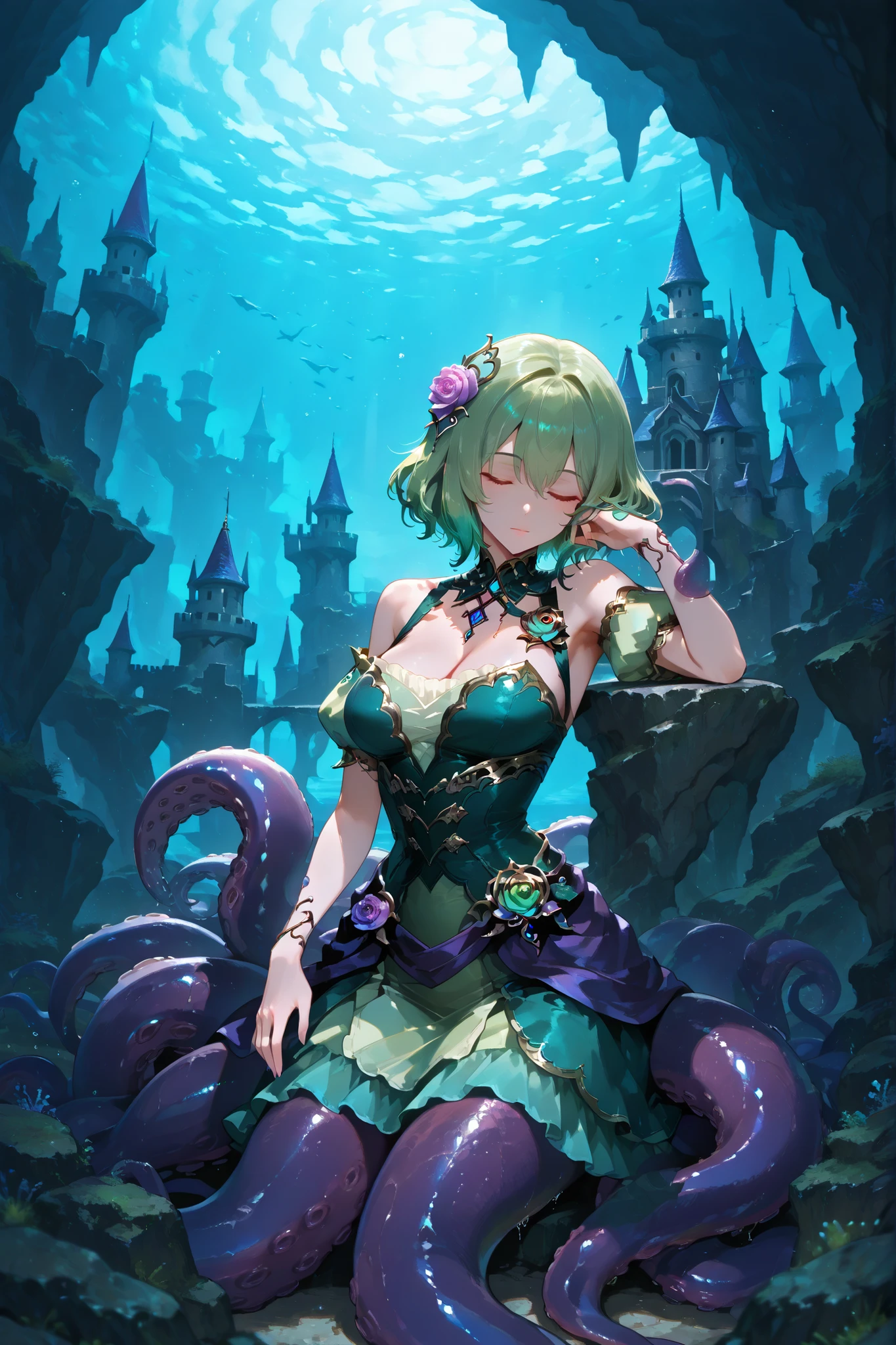 Scylla-style girl. Green hair. Short hair. Sleeping. Black corsage hair accessory. Green dress. Purple tentacles. Leaning. Undersea scenery. Sharp rocks. Castle.