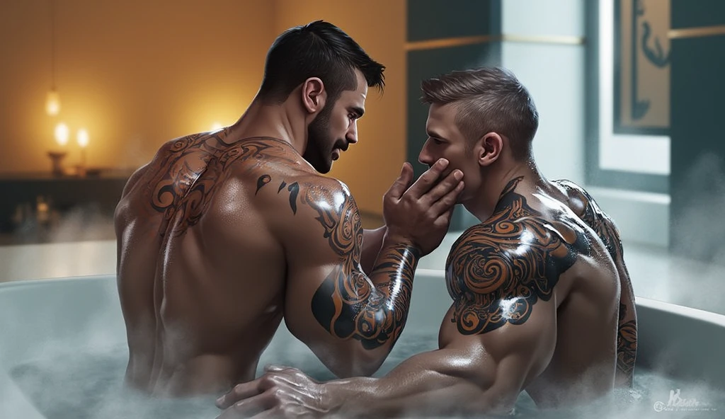 (best quality,4k,8k,highres,masterpiece:1.2), ultra-detailed, (realistic,photorealistic,photo-realistic:1.37), HDR, UHD, studio lighting, extreme detail description, professional, vivid colors, bokeh, portraits, LGBTQ+, explicit content, sensual atmosphere, intimate moment, passionate interaction, skin-to-skin contact, lingering desire, poolside setting, moonlight reflection, water droplets, glistening bodies, toned muscles, summer night ambiance, wet hair, provocative poses, intense eye contact, seductive expressions, excitement in the air, privacy, freedom, love, acceptance. Two naked men