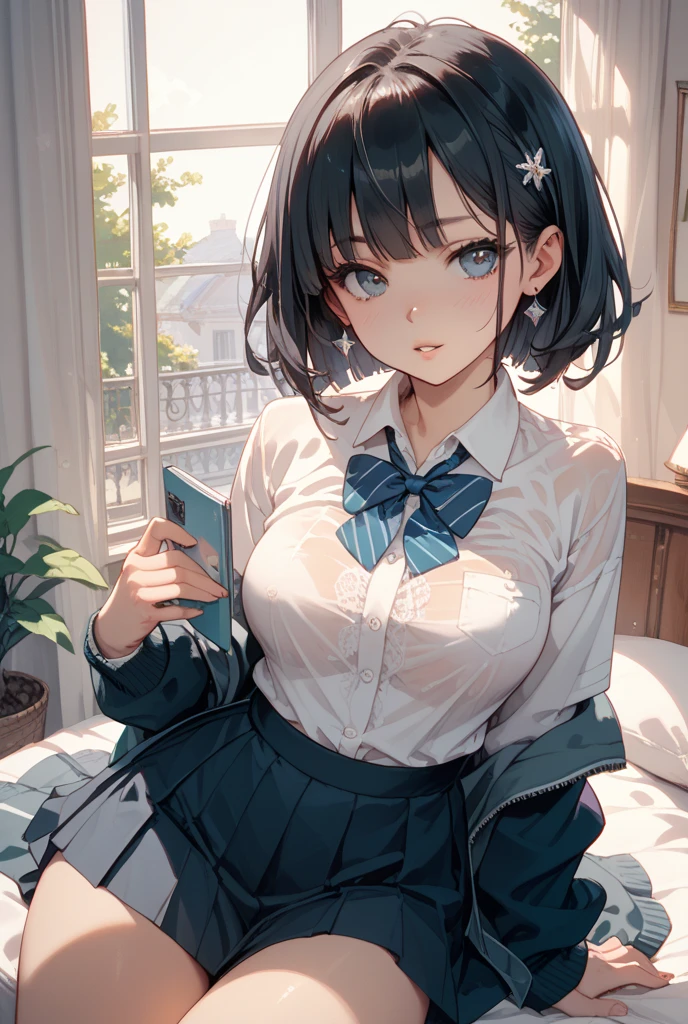 8k, A masterpiece of softcore pornography shot by Kishin Shinoyama, Bast quality,big, RAW Photos, (Ultra-thin contour lines), (1 person), Anime, Highlight Eye, Shiny Hair, Professional Lighting, (Glowing Skin: 1.2), shiny big, ((Highest quality)), Sharp focus: 1.2, Highly detailed face and skin texture, fine grain, Perfect Face, Perfect body, Blur Art, CG, background, milk, in front (, Cool and beautiful face), wear ((school uniform)), thigh), blush, (Porn Cosplayer), (Camel Toe, White panties), Gravure idol style panty exposure, She hiked up her skirt to escape the heat...、I sat at the desk with my knees up....。., My favorite, Browsing Caution, Focus on the crotch