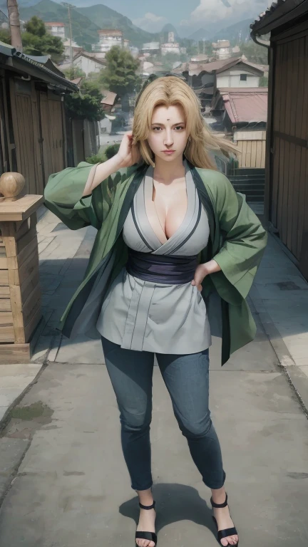Name: Lady Tsunade
Appearance: Blonde hair, amber eyes, and a fair complexion
Clothes: Usually seen in a green haori (kimono-style jacket) over a purple dress and a necklace with a green pendant
Body: Tall, voluptuous, and strong, with a large bust
Personality: Stern, hot-tempered, and sometimes lazy, but caring and protective of her loved ones
Title: Fifth Hokage of the Hidden Leaf Village (Konoha)
Abilities: Proficient in medical ninjutsu and one of the legendary Sannin, known for her immense strength and powerful taijutsu skills
Special Techniques: Creation Rebirth (Byakugō no Jutsu), and various superhuman strength attacks
Backstory: Granddaughter of the First Hokage, Hashirama Senju, and one of the legendary Sannin along with Jiraiya and Orochimaru
Motivation: To protect and strengthen the village while overcoming her past failures and traumas
Role: Mentor to Naruto Uzumaki and leader of the village's medical ninja
Alignment: Good, devoted to protecting the Hidden Leaf Village and its inhabitants,less clothes, no clothes