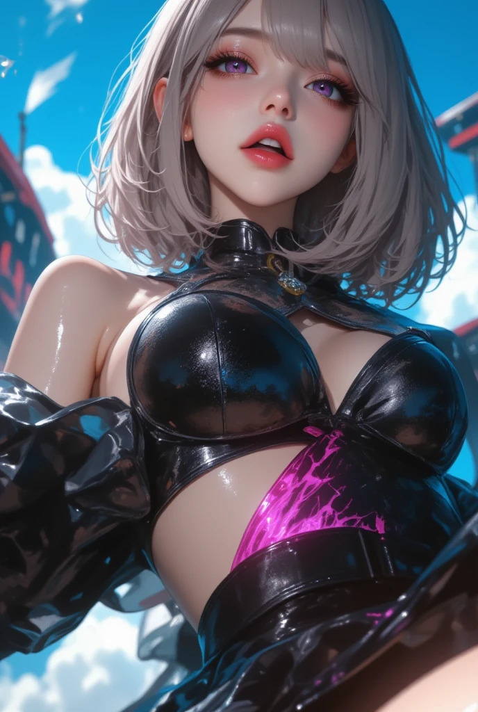 Ultra high quality,8K,gal girl,Sexy high cold,enchanting,The head proportions are perfect,Short black and gray hair,Flaming red lips,Swan neck,the sun is shining wide shot