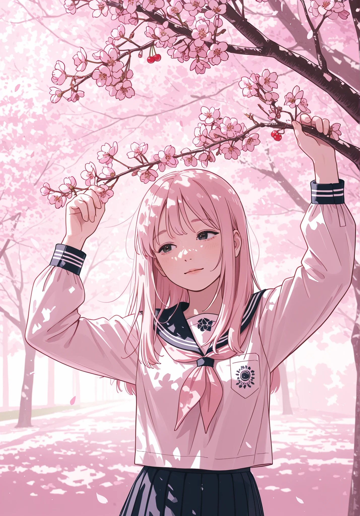 photography, finely detail, springtime portrait, Japanese schoolgirl, innocent expression, dappled sunlight through branches, pink petals dancing, detailed hair strands, clean uniform design, soft color palette, school atmosphere, gentle shadows, cherry blossom details