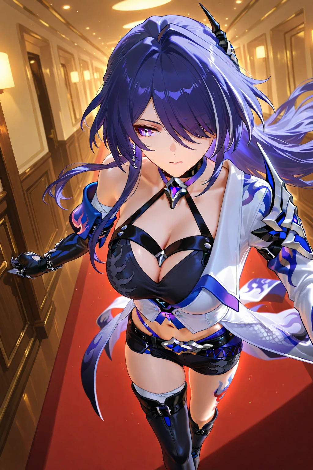 (masterpiece, top quality, best quality, official art, beautiful and aesthetic:1.2),(8k, best quality, masterpiece:1.2), (((masterpiece))),(((best quality))),(((extremely detailed))),illustration,who, (masterpiece, top quality, best quality, official art, beautiful and aesthetic:1.2),(8k, best quality, masterpiece:1.2), (Masterpiece, Best quality, best shadow), (detailed background), 1girl, One, girl, Honkai: star rail, Acheron, purple hair, long hair, shorts, one eye hidden behind hair, hair over one eye, purple eyes, ((white jacket, purple patterns)), shorts, (white streaks), purple hair, anime girl with long purple hair and blue eyes in a black outfit,