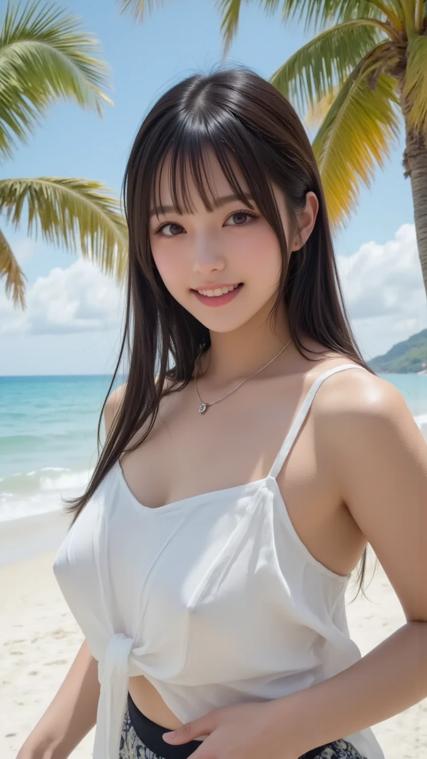 masutepiece, Best Quality, Illustration, Ultra-detailed, finely detail, hight resolution, 8K Wallpaper, Perfect dynamic composition, Beautiful detailed eyes, maikurobikini, Random and cute hairstyles, large full breasts, Natural Color Lip,Beach, Random and cute poses,A big smile
