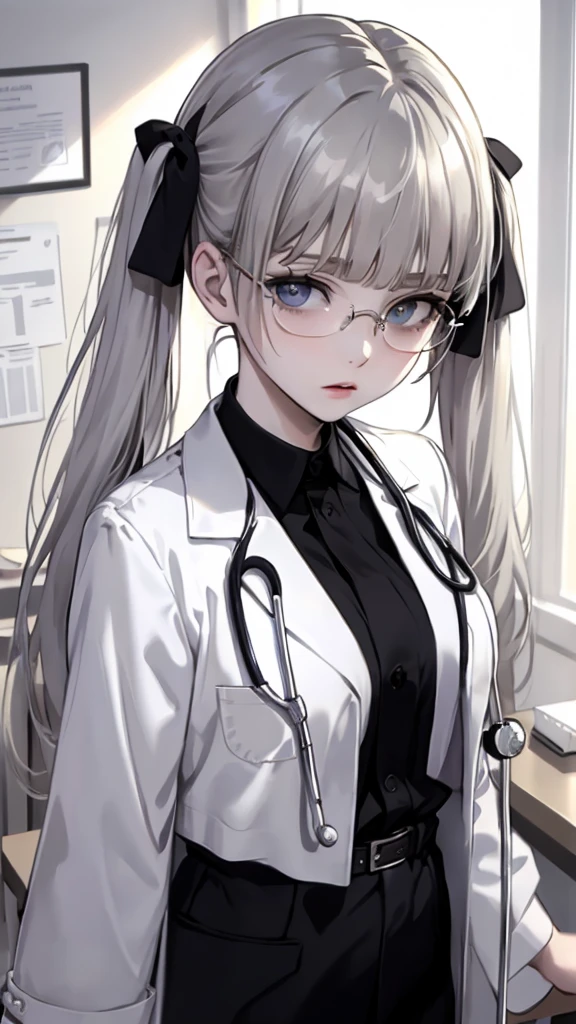 (Top resolution、Distinct_image)top-quality、A woman、masterpiece、highly detailed, half body, Semi-realistic、grey eyes 、26year old, silver hair,young 、Exquisite facial features、Facial features ,variation potrait, long hairstyles, teenage, cool , cold sharp eyes , {Very detailed 8k CG unit wallpaper}, Elagent, gorgeous
Mommy type , plump body curves, big breasts, perfect body (doctor_, lab coat, stethoscope, doctor), sexy, clinic, glasses