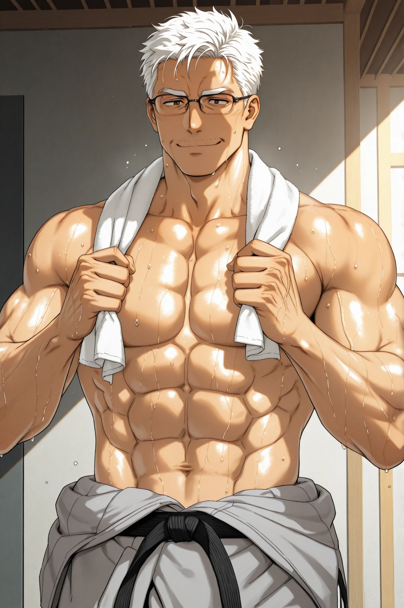 Macho bonito, ele tem cabelo branco, quase sempre despenteado, e sempre penteado pra cima,tip cabelo do personagem Satoru Gojo do anime Jujutso Kaisen, mas tem um certo olhar para ele. He's tall, com ombros largos, musculoso. His face is very masculine, mas ele tem olhos realmente gentis. Olhos azuis cristalinos extremamente atraentes,cara de cafajeste, The eyelashes as well as the hair and eyebrow are white as snow,mas sem exagerar. large bulge. just with boxer shorts . don't wear any shirt ,um homem muito atraente.