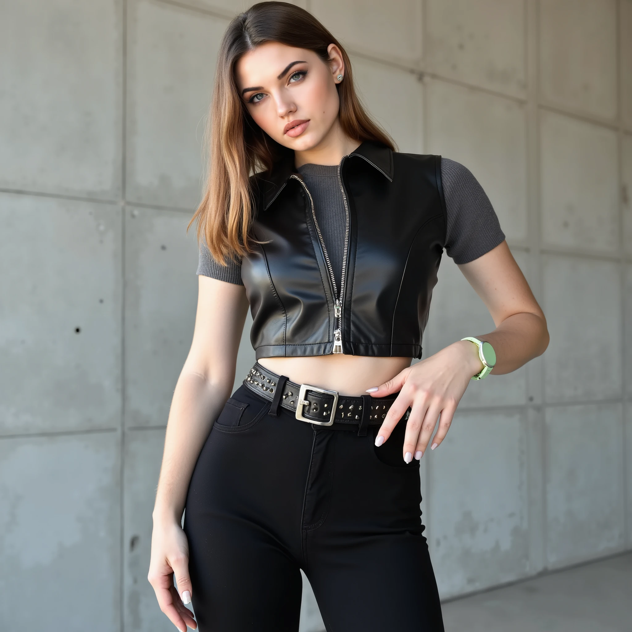photoreal full-body shot of a pale-skinned white European Caucasian woman with piercing ice-blue eyes, sharp black eyeliner, and sleek shoulder-length brunette hair parted to the side; she wears a tight cropped black leather bolero vest with a sculpted fit and sharply tailored short sleeves that hug her upper body like armor, layered over a coarse, raw-edged grey sleeveless top

her lower half commands attention: she wears high-waisted, skin-tight black jeans that mold to her hips and thighs with precision, paired with a wide, black studded belt—dense with small, matte metal studs, rugged and aggressive, but with no visible buckle or closure detail, keeping the silhouette clean and brutal; she wears glossy black high heel booties with side zippers, and a light green plastic watch that mocks the seriousness of her outfit with bratty irony

she stands in a stark concrete photo studio under hard natural daylight, surrounded by industrial textures; the camera angle is low and tight, placing the viewer beneath her—level with her hips and pelvis; her stance is confrontational and calculated: legs apart, pelvis subtly pushed forward, one hip cocked, emphasizing the height of the waistline and the strength of her posture

one hand rests on her belt, fingers splayed across the studs as if weaponizing them; her other arm hangs at her side, relaxed but loaded with intent; she leans slightly toward the camera from the hips, shoulders steady, as if encroaching on the viewer’s personal space

her expression is cold and loaded with menace: unblinking eye contact, lips set in a hard, unreadable line, her gaze daring and analytical; she doesn’t flirt — she inspects, probes, challenges; she radiates dominance through her stance, her control of angles, her refusal to soften; everything about her posture declares: **this is not a conversation**
