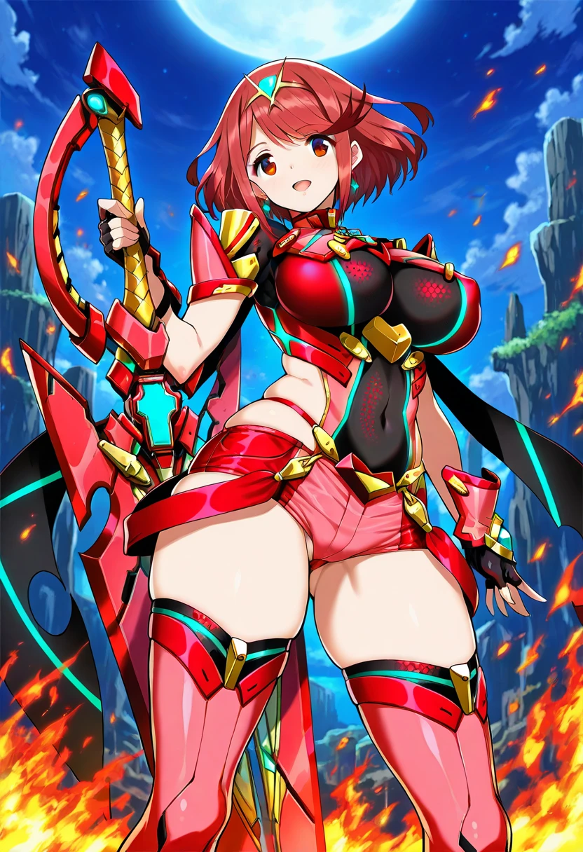 pyra \(xenoblade\), teen_1girl, , armor, bangs, black gloves, breasts, red eyes, light_open_mouth, earrings, eyelashes, fingerless gloves, floating hair, framed breasts, gem, gloves, hair ornament, headpiece, jewelry, big_breasts, leaning back, swimsuit, neon trim, official art, pose, red hair, saitou masatsugu, short hair, sidelocks, skin tight, solo, swept bangs, thighhighs, tiara, fantasy_town_background, underbust, vambraces, xenoblade chronicles \(series\), (xenoblade chronicles 2), (spread_legs:1.1), fire_effect,dynamic_pose,fighting,light_smile, (plump:0.8), big_ass,huge_sword, hold_large_sword_hilt, covered_nipples, (covered_pussy:0.8),back_view, fists,ponytail,plump,beautiful_fingers,(solo:1.1)