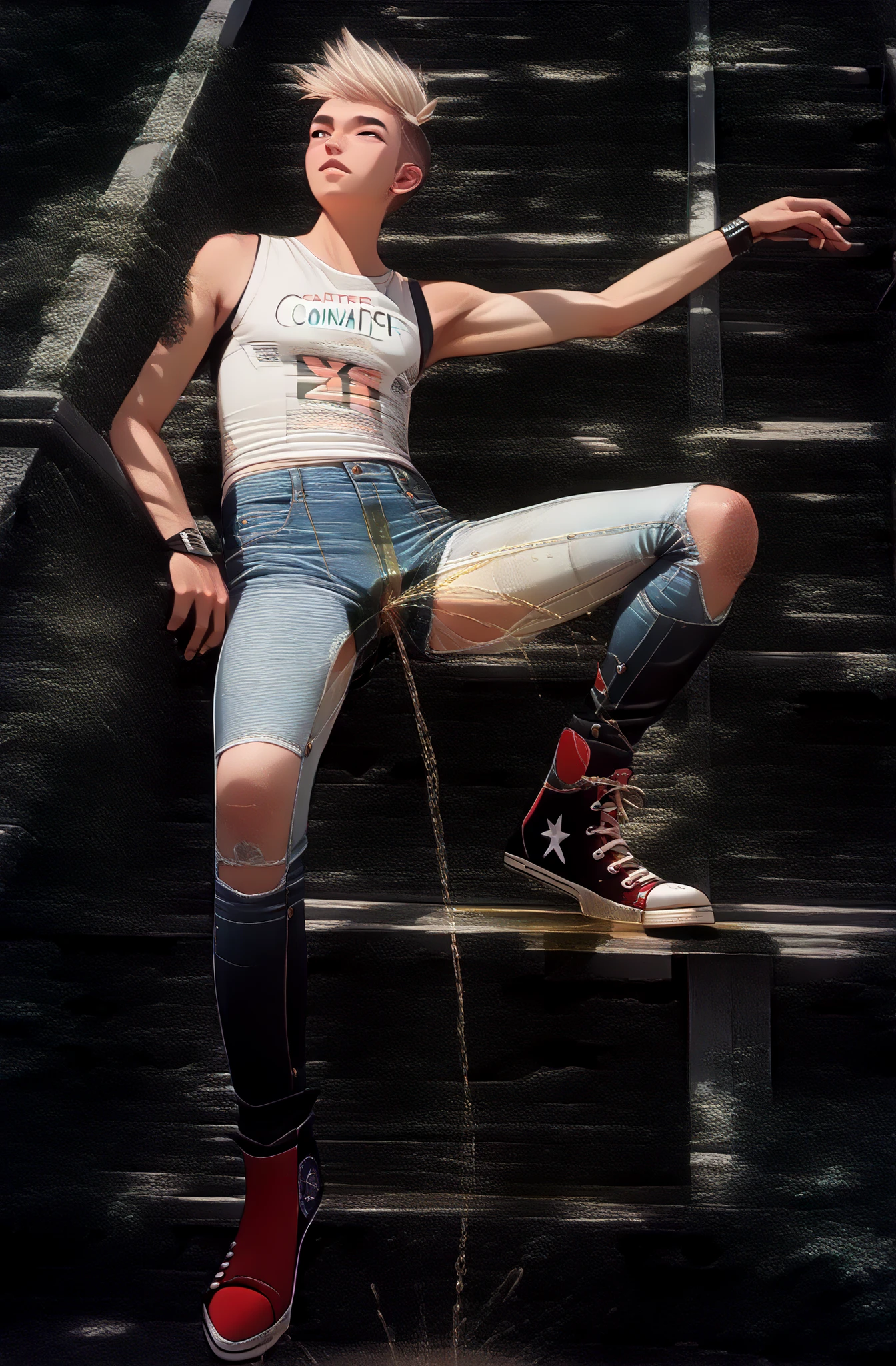 Slim boy 1boy, wearing (a pair of washed-out skin tight jeans-shorts:1.8), (black extra high x-hi converse knee-high sneakers:1.8) (legs spread, medium length), (front view), (peeing self:1.8), (pee stain:1.2), (peeing:1.8) (dynamic angle, sitting pose:1.2), outdoors, (have to pee) Close-up on pants.