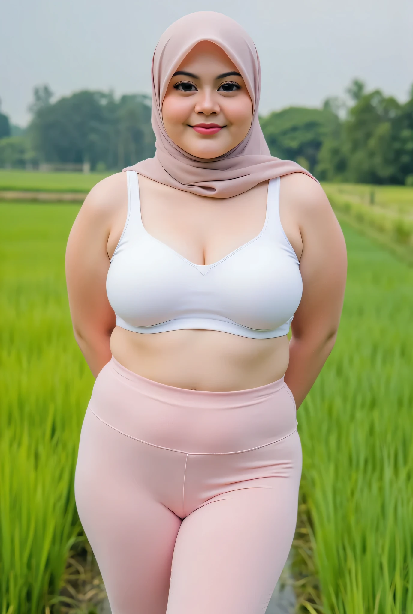 Just Front photo, wear a loose drop Looks like a little rubber panties pastel translucent (pink) leggings closed my center, Tetek besar melayut, hijab hijab hijab hijab, (photorealistic:1.6), background rice paddy. daytime atmosphere, don't put any rope! flat chest!, duduk di atas kerusi kaca, hands behind back while legs astride, view from front, wearing white plain sport BRA, (chubby body)