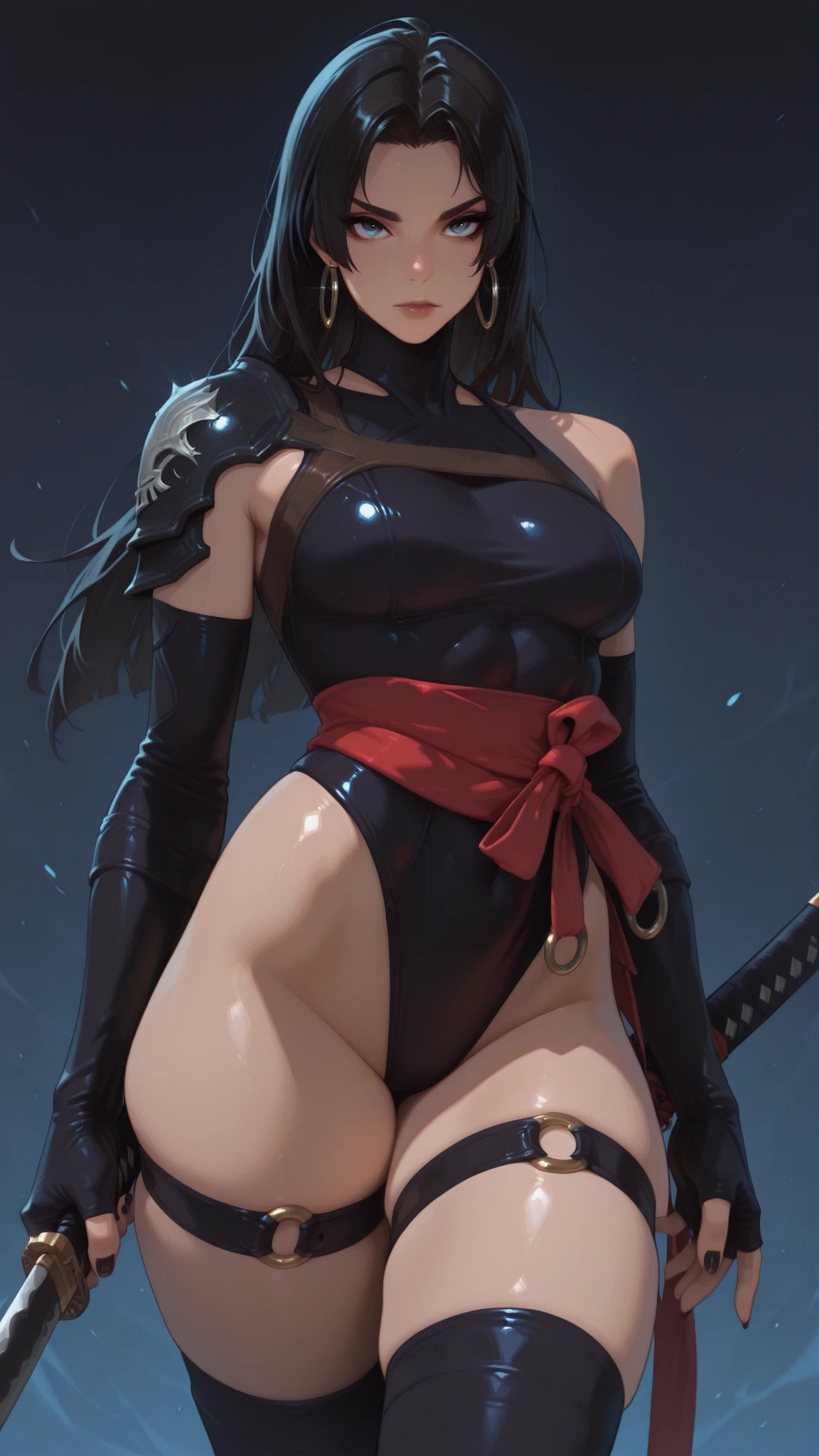full body, Standing, Princess Zelda as Shinobi, costume all black with gold stripes, she has large breasts, (short black hair), ((wearing Oni mask on her face)), cut scar over right eye, (green eyes), a katana attached to her waist, blood all over her clothes, she is in an ancient ninja Temple full of swords stuck in the ground, Anime, masterpiece, 16k, award winning, best quality, high details, UHD, masterpiece, anatomically correct