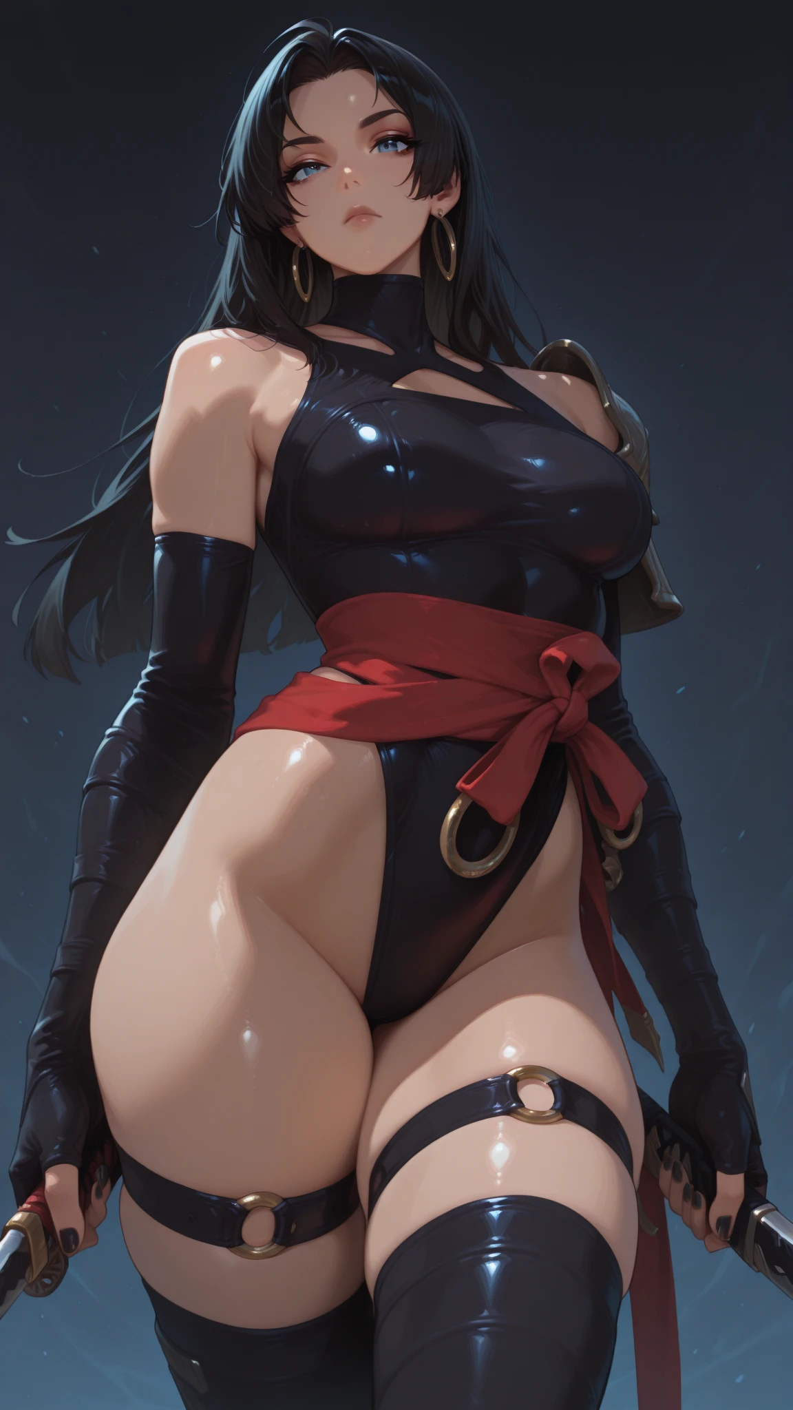 (masterpiece, best quality, high resolution, ((full body standing)), ((huge breasts)) 1 mature woman, very long messy black hair, silver eyes, pink lips ((huge breasts, dark skin)) very fantasy pirate clothes, pirate leather pants, fantasy pirate gloves and gloves.skull choker, earrings, pirate hat, pirate eye patch, scar on one side of the face, mischievous smile, sensual pose