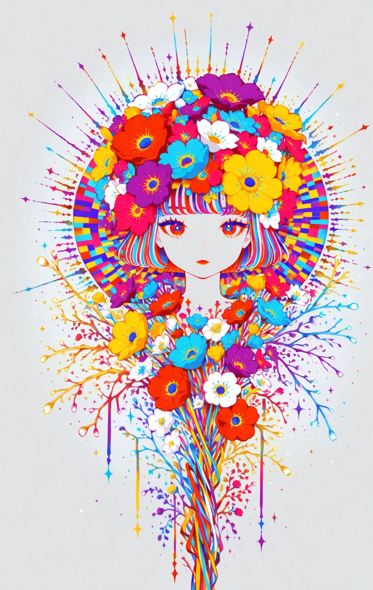 Watase Seizo style, Standing in front of a high wall，Simple Line Initialism，Abstract art，Urban Background, (((The most beautiful girl))), Lips in Love, colorful flowers