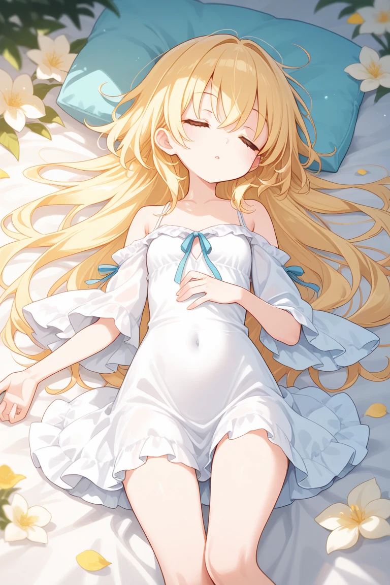 Showing the whole body, Yellow hair, Cute, Baby face, Big breasts, Sleeping, In the forest, White dress, Long hair, Sleeping, 1 person