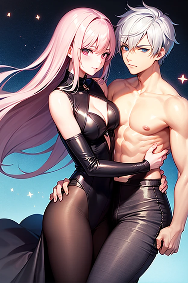 1girl, long hair, breasts, blush, open mouth, bangs, hair ornament, thighhighs, gloves, 1boy, bare shoulders, jewelry, green eyes, pink hair, white hair, hetero, multicolored hair, earrings, tongue, elbow gloves, tongue out, leotard, streaked hair, tattoo, grabbing, crown, corruption