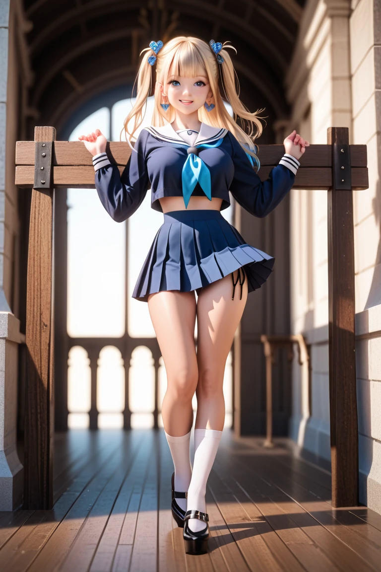 (8k), (best quality), (masterpiece:1.3), (realistic), (photorealistic:1.36), ultra-detailed, shimakaze, blonde hair, striped thighhighs, microskirt, elbow gloves, sailor collar, anchor hair ornament, highleg panties, black panties, loli, beach city rooftop, dusk