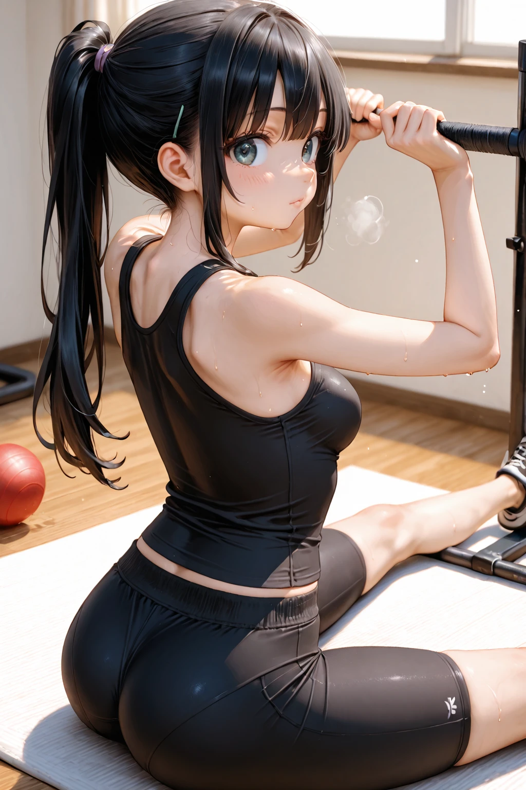 20th generation Japanese women、Meditation pose in the sun、Fair skin、black hair、You have long hair in a ponytail、Create a full body wearing white sportswear
