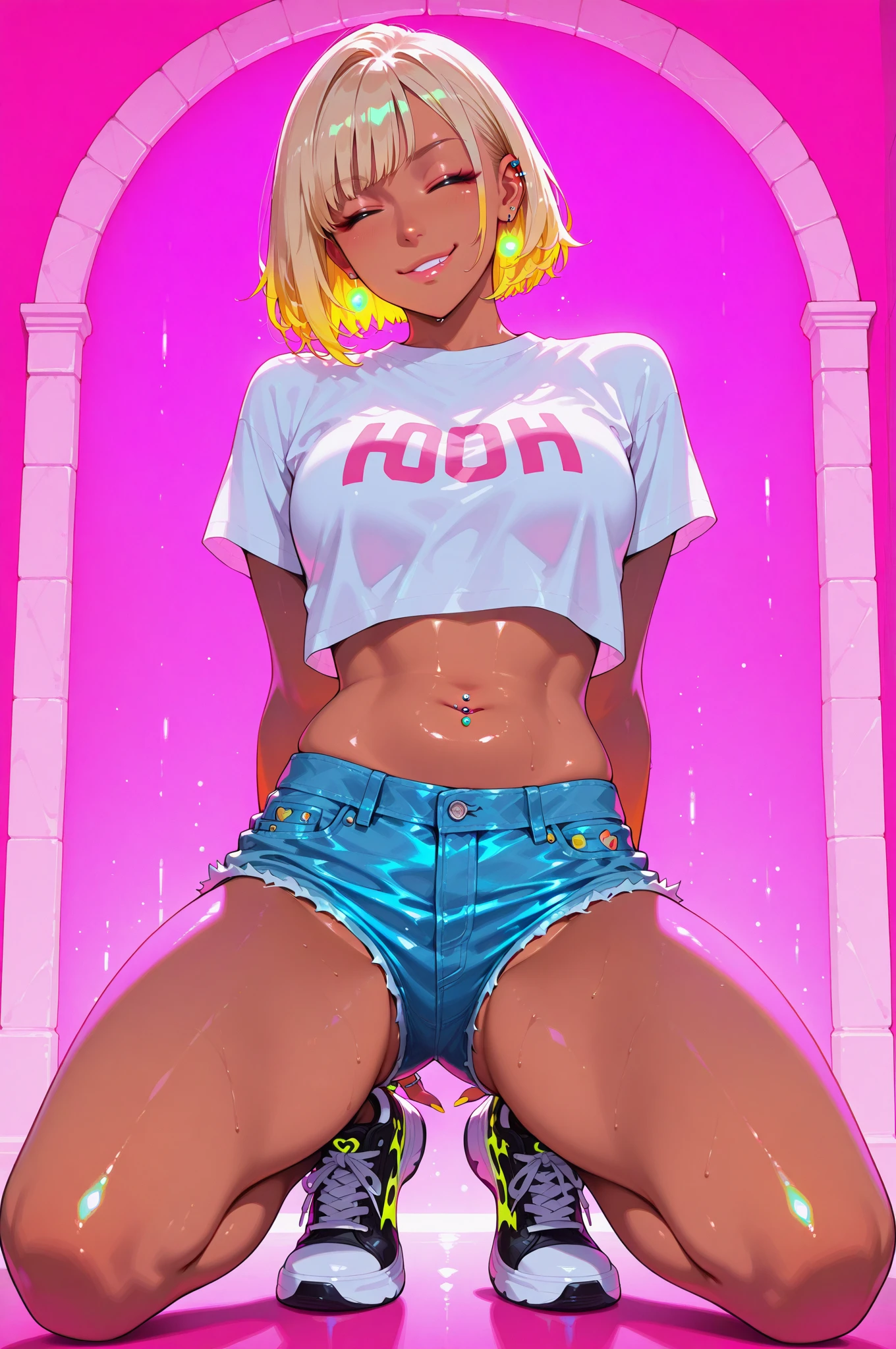 (Highest quality, 4K, 8k, High Resolution masterpiece:1.2), Very detailed, Picturesque, Anime-style photos, Photo Animation:1.37)、a beautiful girl、(Brunette Hair)、(pixie cut)、gyaru、tan、in the room、Female masturbation、Squatting on a dildo、black dildo、insert dildo、Ecstasy face、trembling、Sweat、Drooling、crying、vapor、Black choker、pierce、necklace、bracelet、