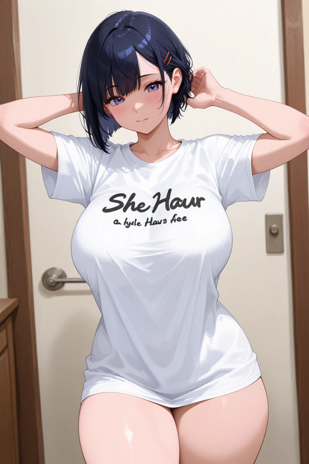 mature woman, hair over one eye, golden eyes, Tomboy, sweatpants, looking at viewer, shoulder-length black hair, off shoulder, bedroom, hand on hip, messy hair, standing, red jacket, black tank top