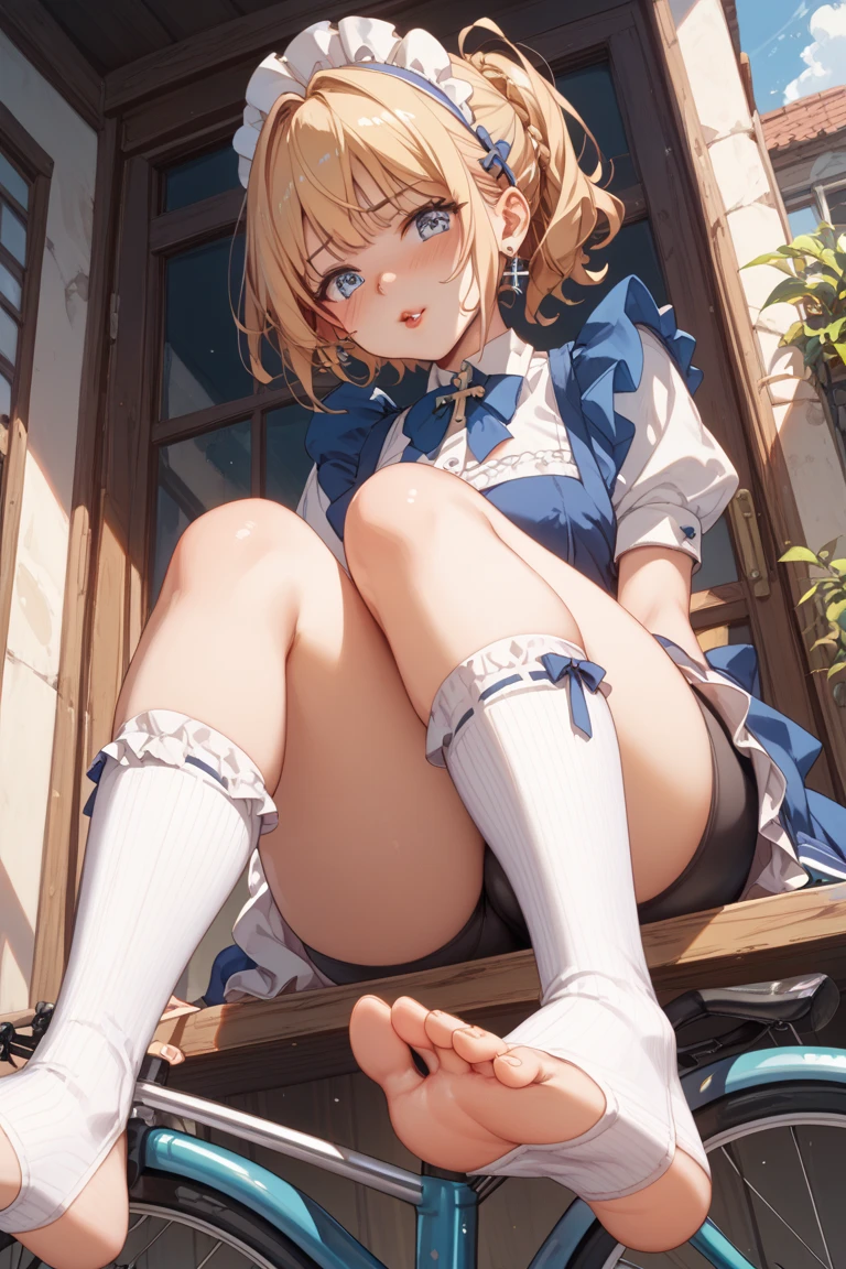 (masterpiece),1girl,foot focus, full body, looking at viewer, village, rain, clear sky, pale skin, blonde hair, short hair, blue eyes, serafuku, nsfw, footjob, kneehighs,