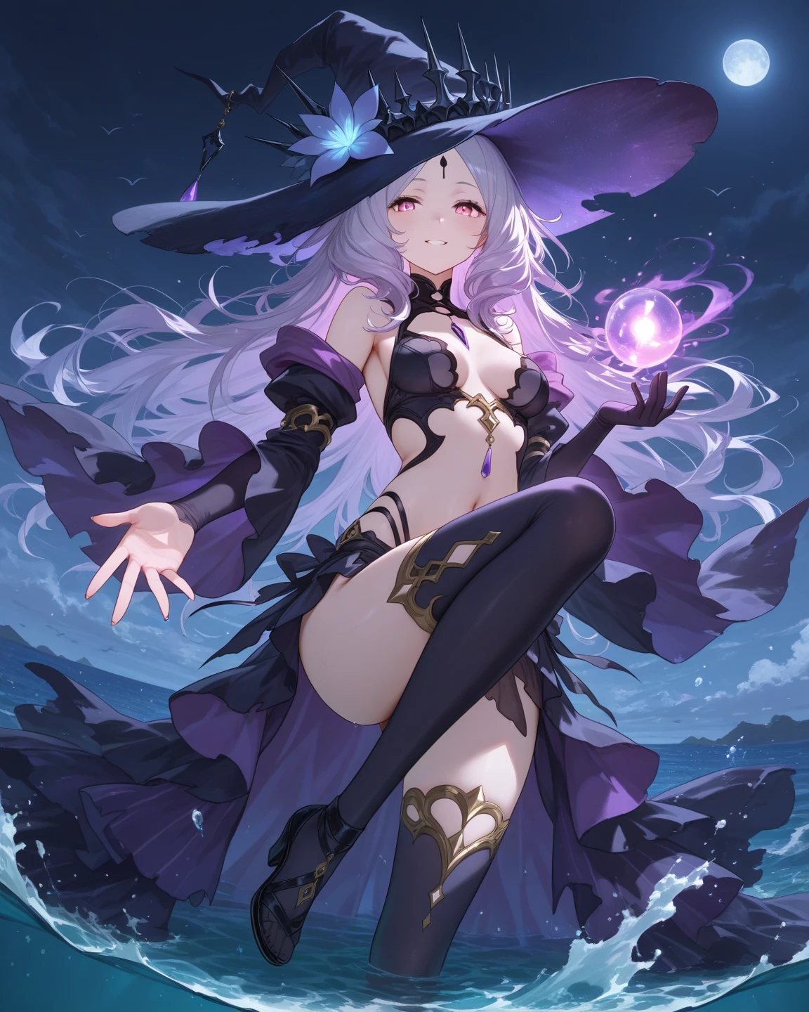 ((Highest quality)),(Ultra-high resolution),(Ultra-detailed new),(Detailed Description),((The best CG)),(masterpiece),Highly detailed art,A wonderful new art form,(Art with precise details:1.5), (witch:1.8),(緻密で詳細に描写されたwitch服:1.7),(High leg:1.6),(smile:1.4),(Side boob:1.9),(精巧に作り込まれたwitchの杖:1.6, crystal:1.6),((Dynamic Pose:1.5)), (Frozen Magic Circle:1.7),Overwhelming destructive power:1.5, Fantasy:1.6,