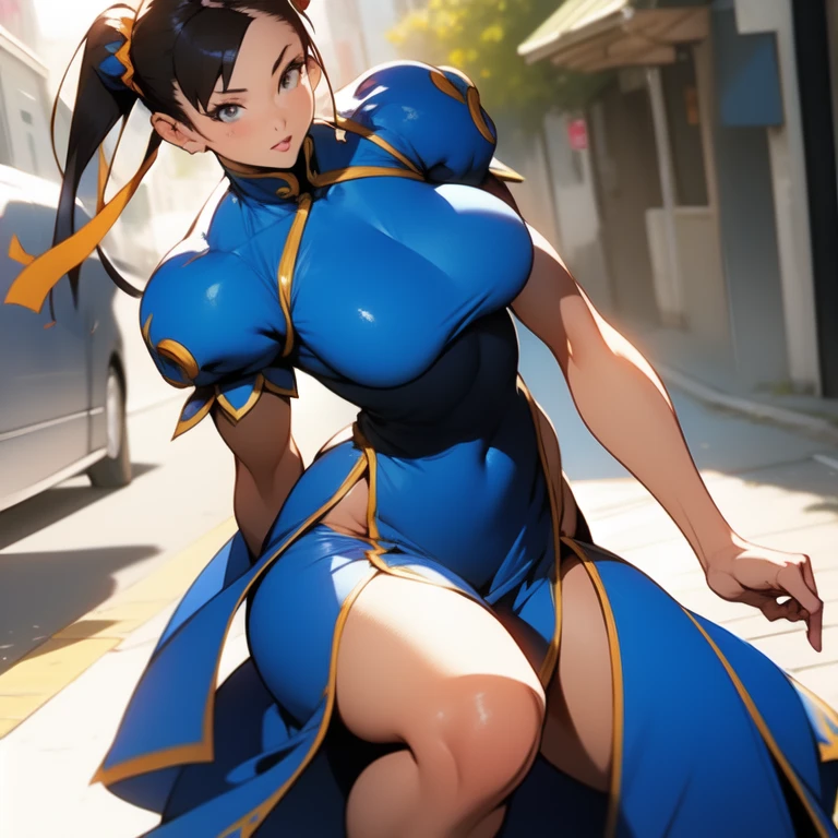 (top-quality:1.5)、(16k wallpaper:1.2)、(Photorealsitic:1.2)、(ultra-detailliert:1.2)、(超A high resolution:1.2)、super-detaild skin、Detailed and clean eyes、Tsuriformes、Beautiful eyeshadow、(Many male fighters and one woman:1.5)、(A city scape:1.3)、Blue Chun-Li Costume、Japan 18-year-old woman、Natural Color Lip、large full breasts、Bun hair、Cute smile、Kicking、Brown stockings、Clean five fingers