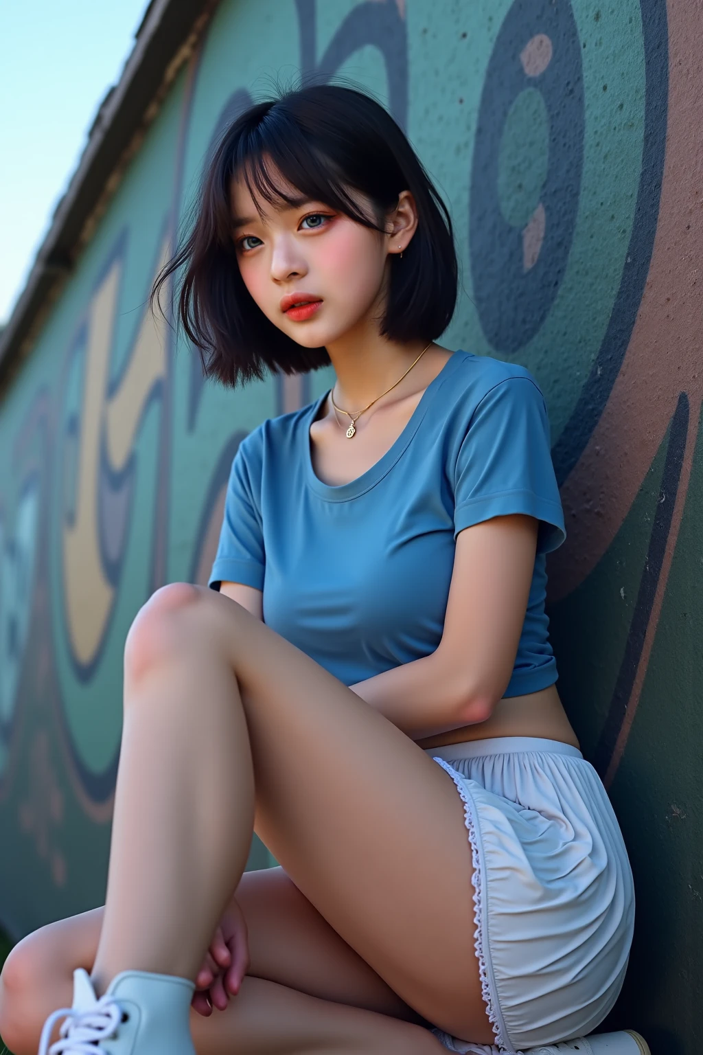 (Top Quality, 8k, 32k, Masterpiece, UHD: 1.2), Pretty Lady Pictures, 1gril, Golden Ratio High Definition Body, Golden Ratio High Definition Face, Black Short Hair, L (Leading Forward: 1.2), Squatting, (From Top: 1.3), POV, (Loose T-shirt: 1.1), Off Shoulder, (Denim Shorts: 0.8), Lace Bra, Necklace, Big, Really immaculate background, really empty background, sneakers, ears out, clean long neck, clean bangs, clean legs, beautiful white skin, shiny skin, clean collarbone