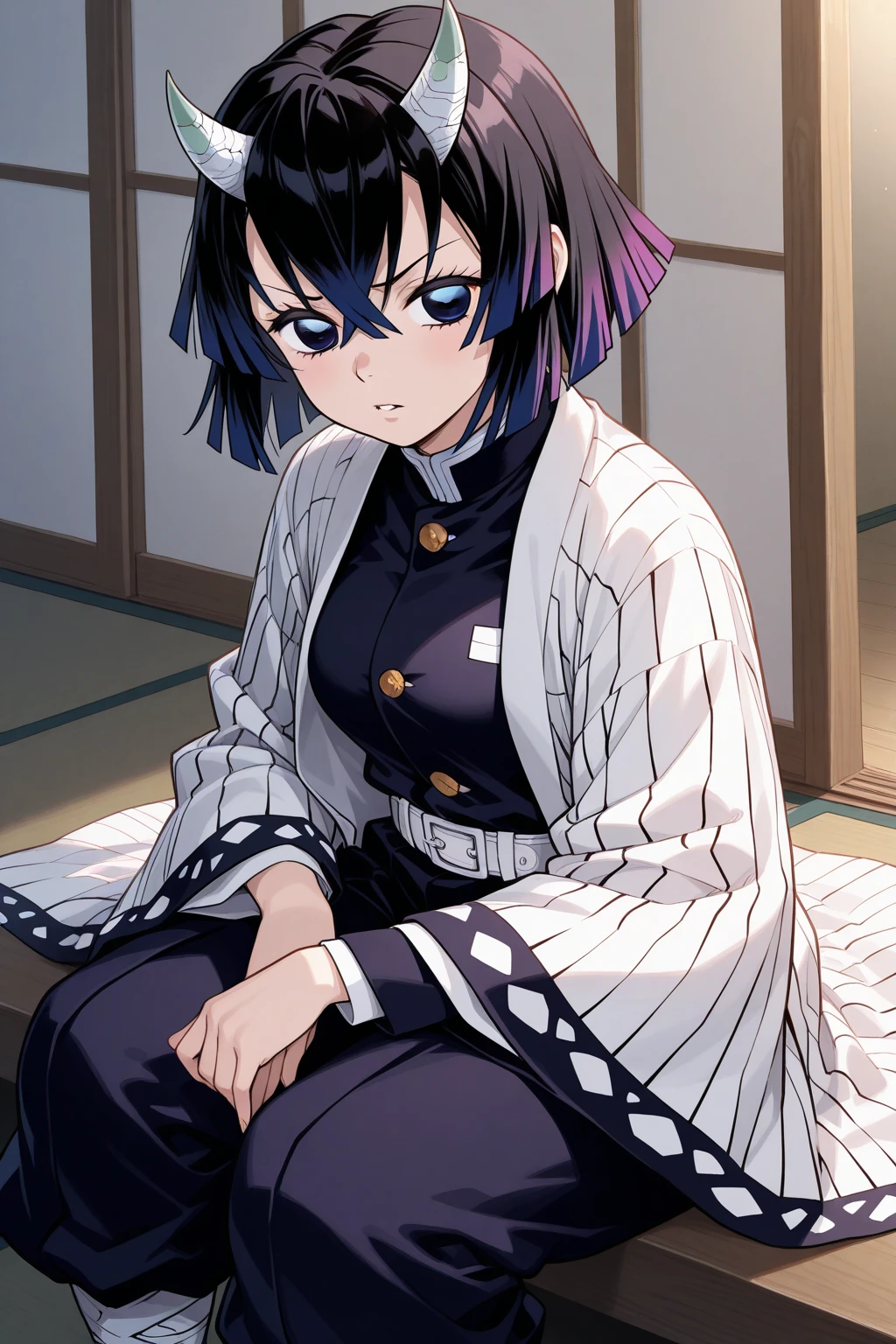 Shinobu Kocho, 1girl, beautiful detailed eyes, beautiful detailed lips, extremely detailed face and features, long eyelashes, half nude, ripped kimono, sexy, hot feet,detailed background, cinematic lighting, highly detailed, 8k, photorealistic, masterpiece , anime style , 