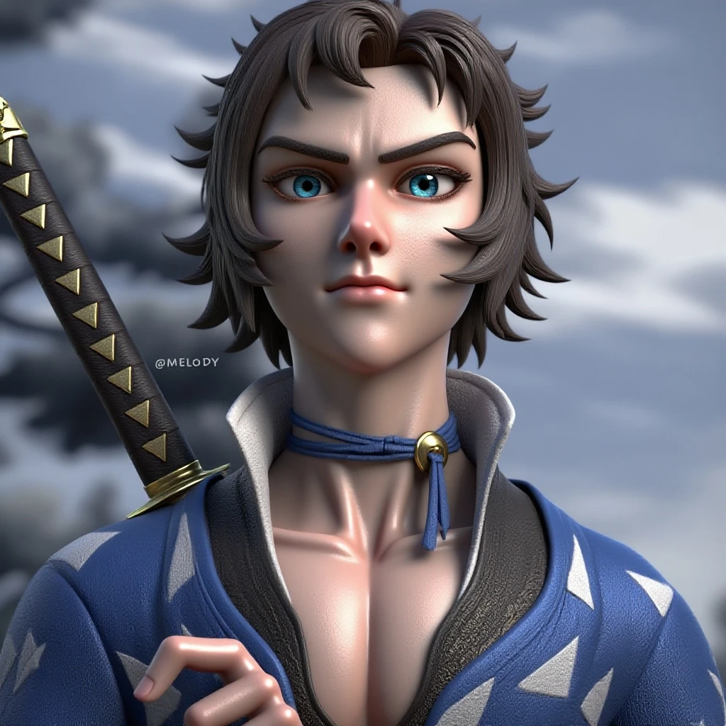 Japanese blue hair man with daggers in hands pumped in snow super realism well detailed full hd
