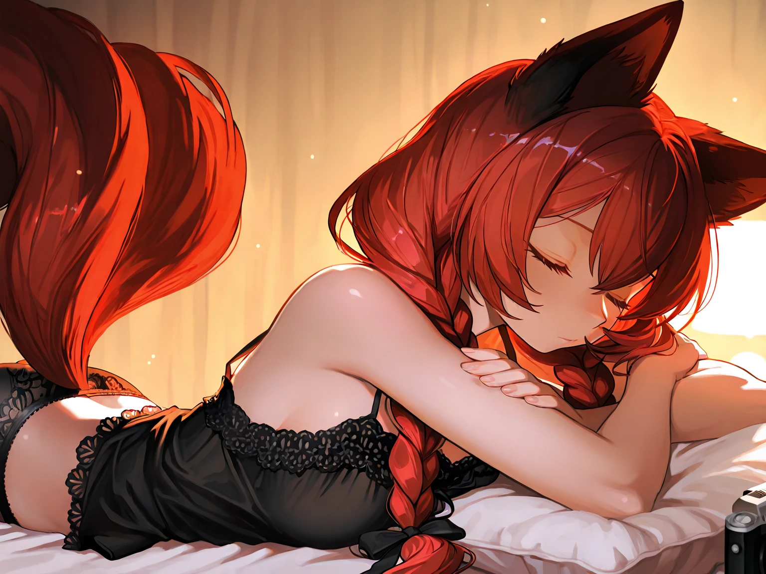 hairy, brown fur, ultra cute face, orange eyes, medium hair, medium breasts, dark brown elements in the fur, transparent lingerie, beautiful lights and shadows, ambient light, ultra detailed hair, volumetric light, fluffy tail, neckline, fluffy panties, lying on the bed of a room