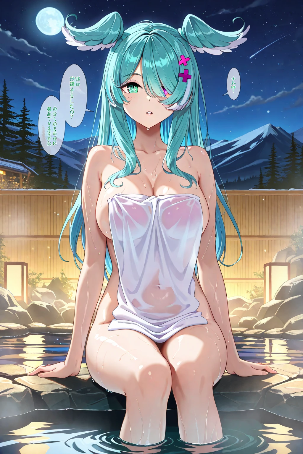 1girl, solo, nsfw,, (wearing nothing: 1.5), large breasts., empty eyes ,run elise jewelria, , green hair, long hair, red eyes, AHOGE,, flooding, fire, heavy snowfall, frozen, file, crying, sea, cooking, whole body, Cherry tree,  blue sky, church,, classroom, garden, , nipple ,  , Sweating profusely, Love juice, Wet Woman,  female ,, hospital, 16 years old, amusement park、, Peeing, lactation, projectile lactation