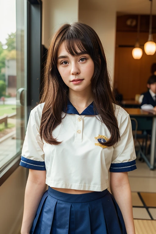 Beautiful Girl in an Anime Style School Uniform，Japan School Uniforms，Sailor Suit Top  Pleated Skirt，Anime Filter Effects，Two-dimensional painting style，soft light，for lens 7，Fine details，8K分辨率，Anime style illustration，cuteexpression，youthful school atmosphere