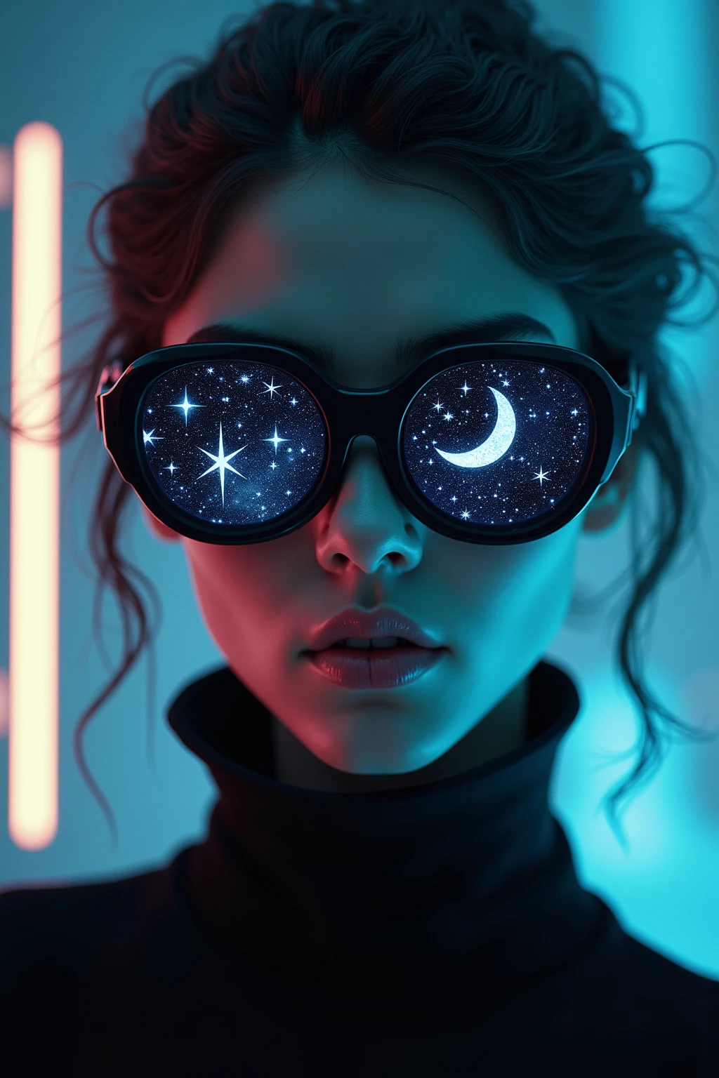 The model is wearing glass sunglasses，with stars and moon on the lenses