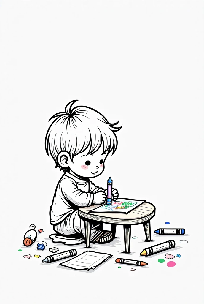 A little boy holding a brush and drawing on the wall