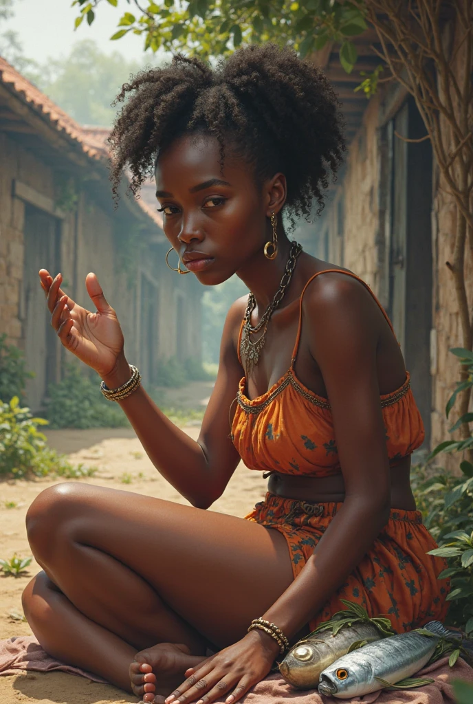 Generate an image of a young african igbo woman of about 35years weeping sitting in front of her village house