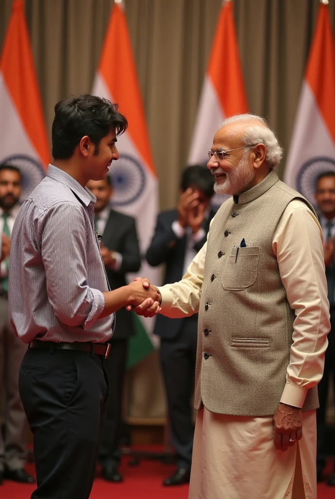 I want to be with Narendra Modi with Han Duck-soo          
There should be a teenager boy in the middle 
sidhant should be written on his t-shirt font size small And you want Korea flag, Indian flag, adjust the  background as per your choice, it should be a little purple and orange.