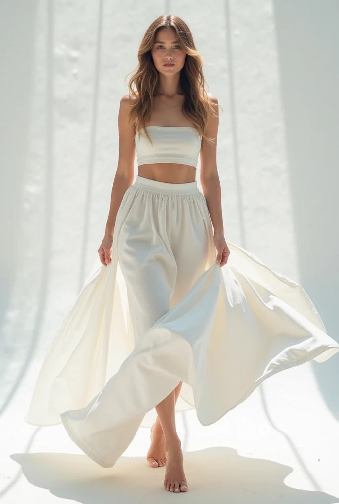 cinematic photo <lora:SilviaSaint_SDXL_v1.0:1>
(masterpiece, best quality, high quality, highres, ultra-detailed),
A full-body shot of the blonde ohwx woman, wearing a sophisticated outfit consisting of a long, flowing skirt with a slit up the side, paired with a fitted top and a pair of strappy heels, with a subtle, natural makeup look, against a neutral background, with a single light source illuminating her face, shot on Fujifilm GFX 100S, lens 24mm, focal length 35mm, ISO 200, by world-acclaimed photographer Steven Meisel . 35mm photograph, film, bokeh, professional, 4k, highly detailed
