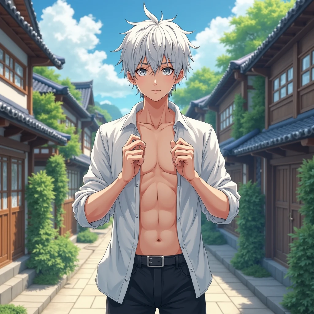 masterpiece, best quality, ultra detailing, 1 boy, character design, better face, white hair, short hair, blue eyes, no clothes, sixpack, cloth pants, white back ground,